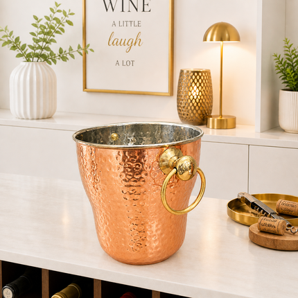 Copper And Steel Hammered Ice Bucket With Handle (6 inch)
