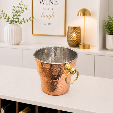Copper And Steel Hammered Ice Bucket With Handle (6 inch)