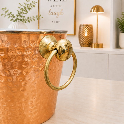 Copper And Steel Hammered Ice Bucket With Handle (6 inch)