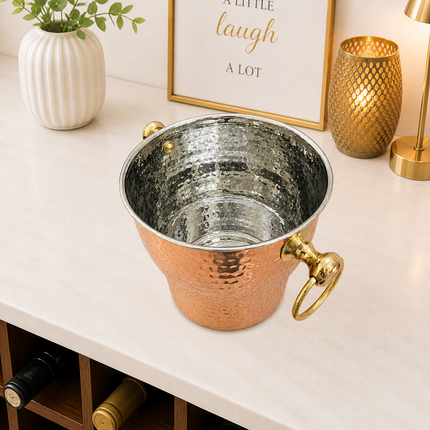 Copper And Steel Hammered Ice Bucket With Handle (6 inch)