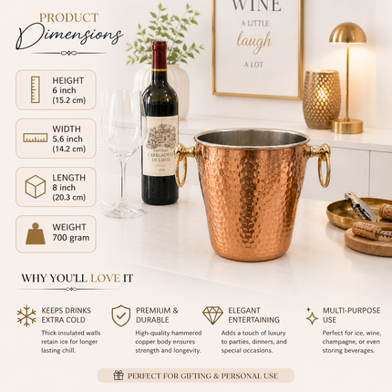 Copper And Steel Hammered Ice Bucket With Handle (6 inch)