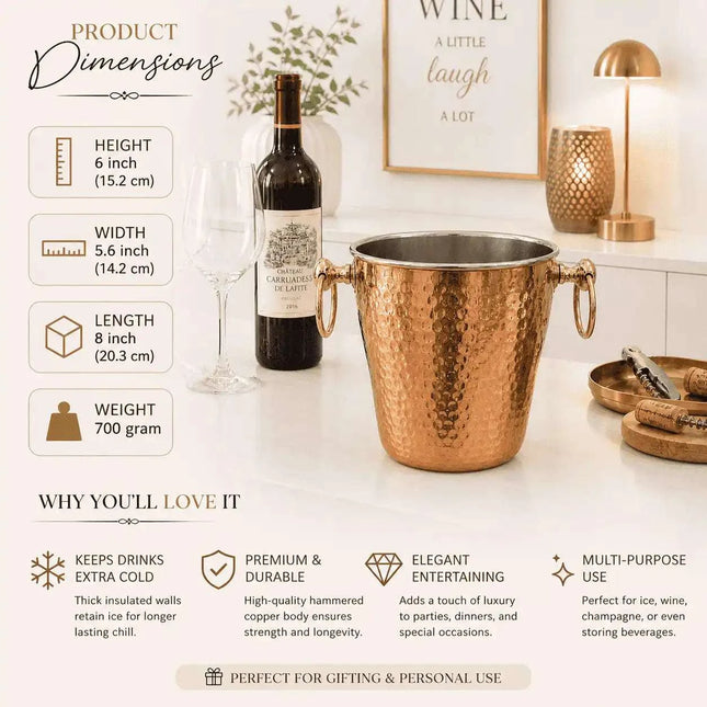 Copper And Steel Hammered Ice Bucket With Handle (6 inch)