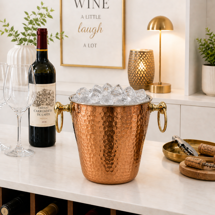 Copper And Steel Hammered Ice Bucket With Handle (6 inch)
