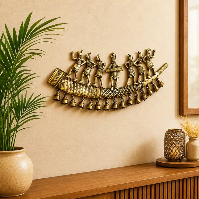 Brass Tribal Folk Dancers On Shehnai With Bell Wall Hanging (8 Inch)