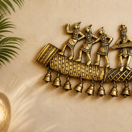 Brass Tribal Folk Dancers On Shehnai With Bell Wall Hanging (8 Inch)
