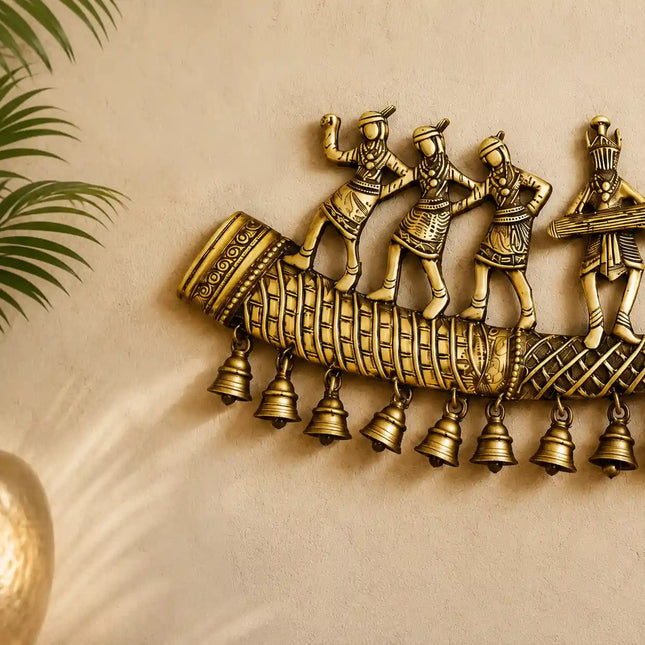 Brass Tribal Folk Dancers On Shehnai With Bell Wall Hanging (8 Inch)