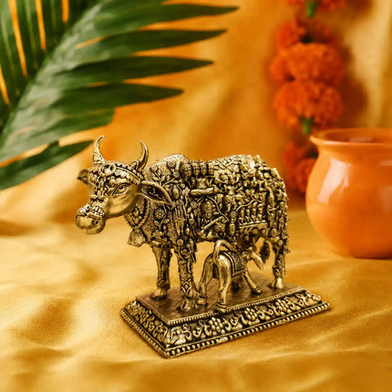 Brass Kamdhenu Cow with Calf Engraved Gods and Goddesses Lightweight Idol (3.5 Inch)