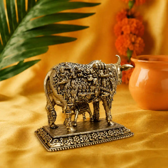 Brass Kamdhenu Cow with Calf Engraved Gods and Goddesses Lightweight Idol (3.5 Inch)
