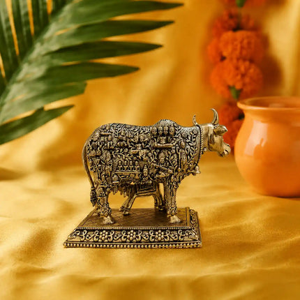 Brass Kamdhenu Cow with Calf Engraved Gods and Goddesses Lightweight Idol (3.5 Inch)