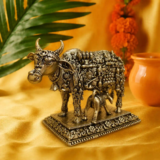Brass Kamdhenu Cow with Calf Engraved Gods and Goddesses Lightweight Idol (3.5 Inch)