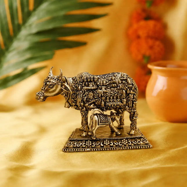 Brass Kamdhenu Cow with Calf Engraved Gods and Goddesses Lightweight Idol (3.5 Inch)