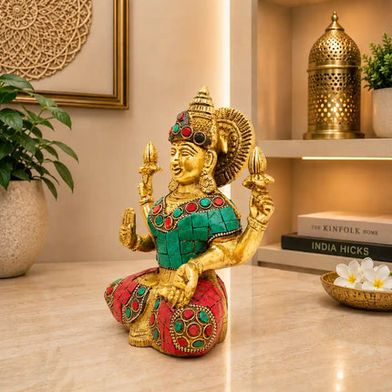 Brass Stone Work Goddess Sitting Lakshmi Idol (6.5 Inch)