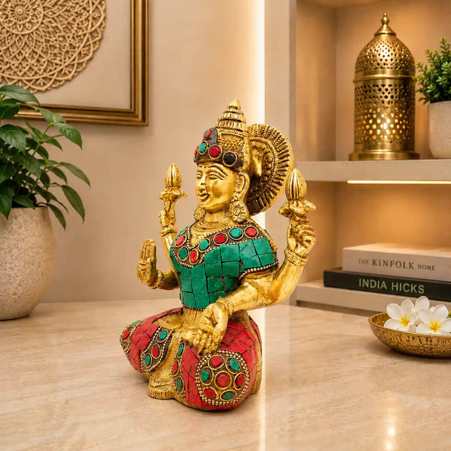 Brass Stone Work Goddess Sitting Lakshmi Idol (6.5 Inch)