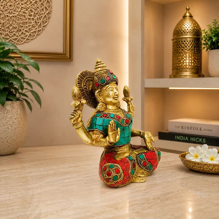 Brass Stone Work Goddess Sitting Lakshmi Idol (6.5 Inch)