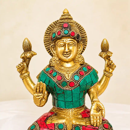 Brass Stone Work Goddess Sitting Lakshmi Idol (6.5 Inch)