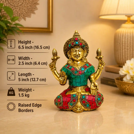 Brass Stone Work Goddess Sitting Lakshmi Idol (6.5 Inch)