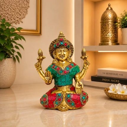 Brass Stone Work Goddess Sitting Lakshmi Idol (6.5 Inch)