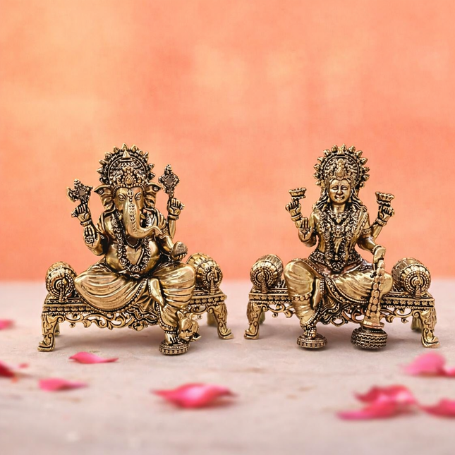 Brass Lightweight Ganesha And Lakshmi Sitting On Throne Idols (4.5 Inch)