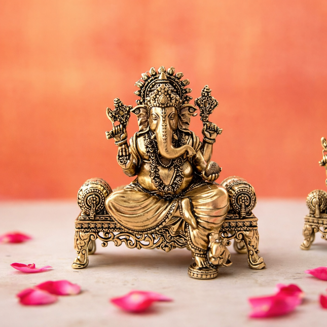 Brass Lightweight Ganesha And Lakshmi Sitting On Throne Idols (4.5 Inch)