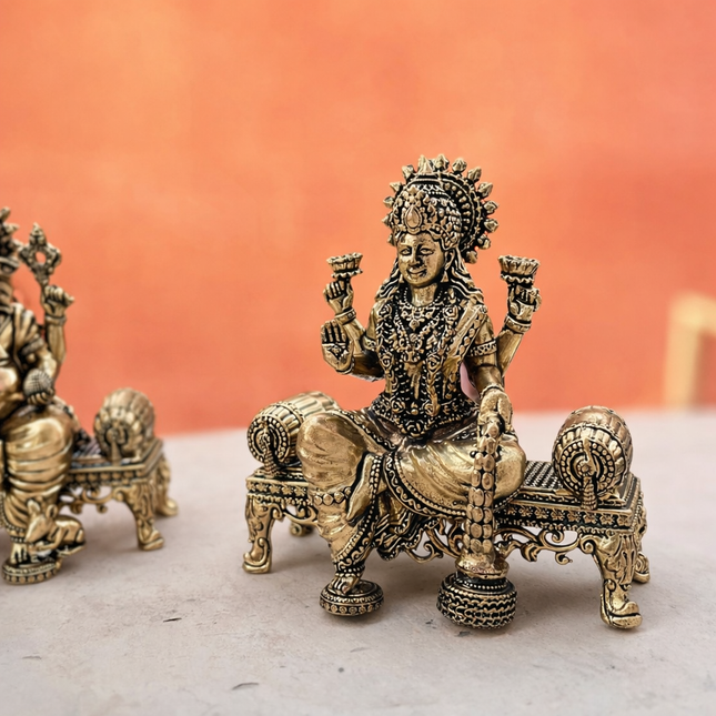 Brass Lightweight Ganesha And Lakshmi Sitting On Throne Idols (4.5 Inch)