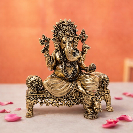 Brass Ganesha And Lakshmi Sitting On Throne Idols (4.5 Inch)