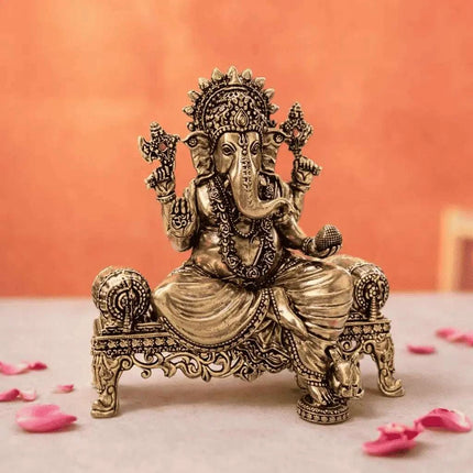 Brass Lightweight Ganesha And Lakshmi Sitting On Throne Idols (4.5 Inch)