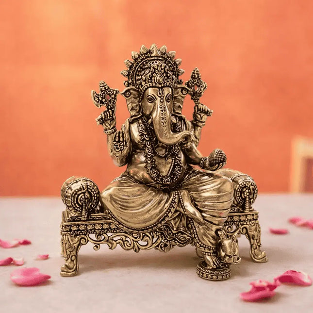 Brass Lightweight Ganesha And Lakshmi Sitting On Throne Idols (4.5 Inch)