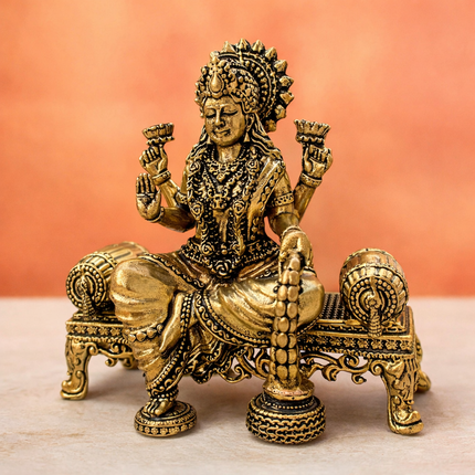 Brass Ganesha And Lakshmi Sitting On Throne Idols (4.5 Inch)