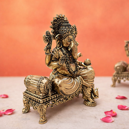 Brass Ganesha And Lakshmi Sitting On Throne Idols (4.5 Inch)
