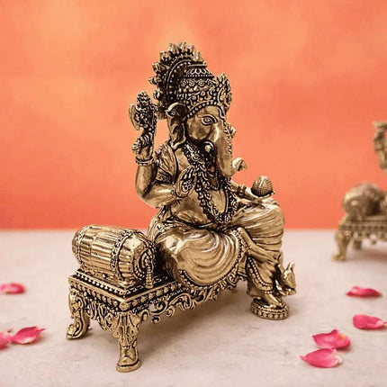 Brass Lightweight Ganesha And Lakshmi Sitting On Throne Idols (4.5 Inch)