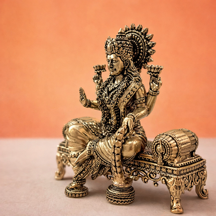 Brass Ganesha And Lakshmi Sitting On Throne Idols (4.5 Inch)