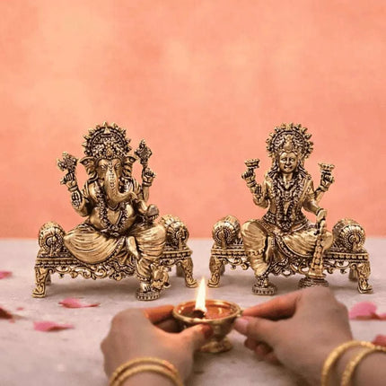 Brass Lightweight Ganesha And Lakshmi Sitting On Throne Idols (4.5 Inch)