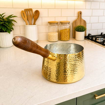 Brass Hammered Sauce Pan With Wooden Handle (4.8 Inch)