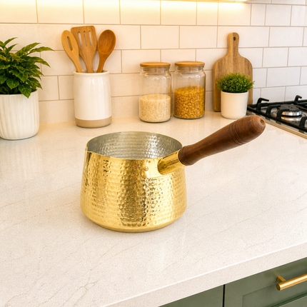 Brass Hammered Sauce Pan With Wooden Handle (4.8 Inch)