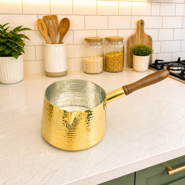Brass Hammered Sauce Pan With Wooden Handle (4.8 Inch)
