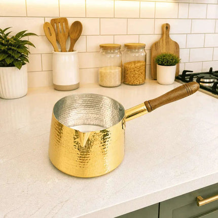 Brass Hammered Sauce Pan With Wooden Handle (4.8 Inch)