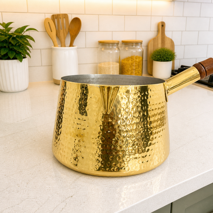 Brass Hammered Sauce Pan With Wooden Handle (4.8 Inch)