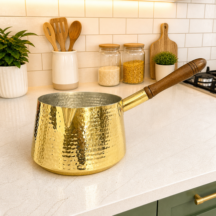 Brass Hammered Sauce Pan With Wooden Handle (4.8 Inch)