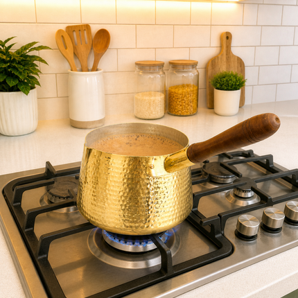 Brass Hammered Sauce Pan With Wooden Handle (4.8 Inch)