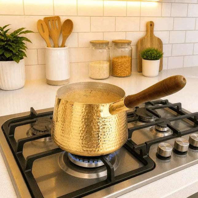 Brass Hammered Sauce Pan With Wooden Handle (4.8 Inch)