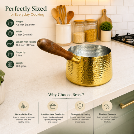 Brass Hammered Sauce Pan With Wooden Handle (4.8 Inch)