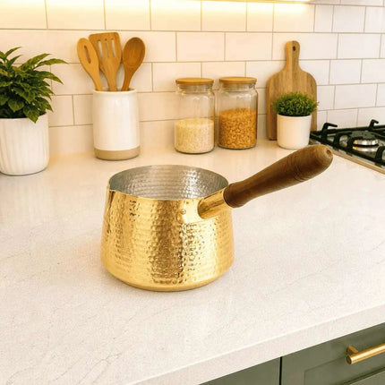 Brass Hammered Sauce Pan With Wooden Handle (4.8 Inch)