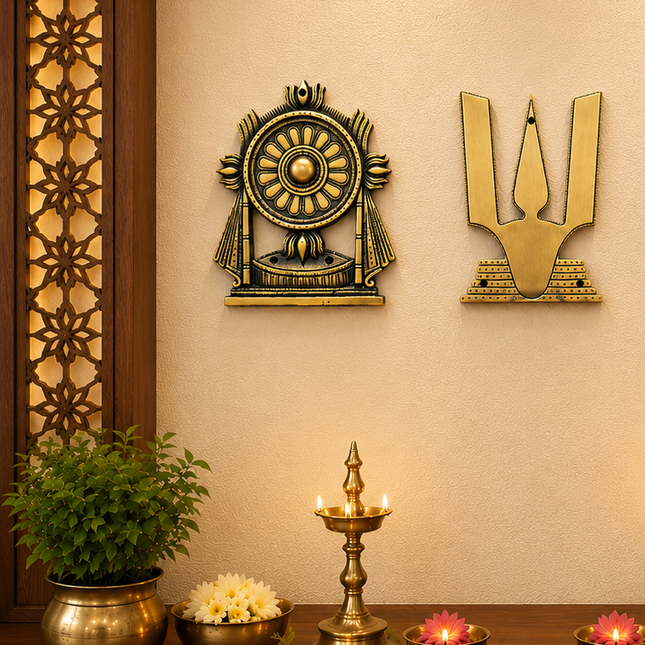 Brass Shankh Chakra Namah Wall Hanging Set (9.5 Inch)