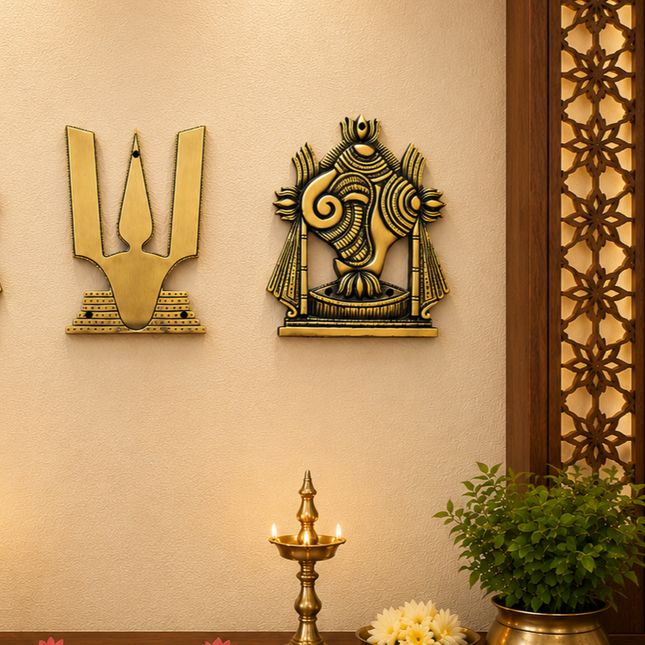 Brass Shankh Chakra Namah Wall Hanging Set (9.5 Inch)