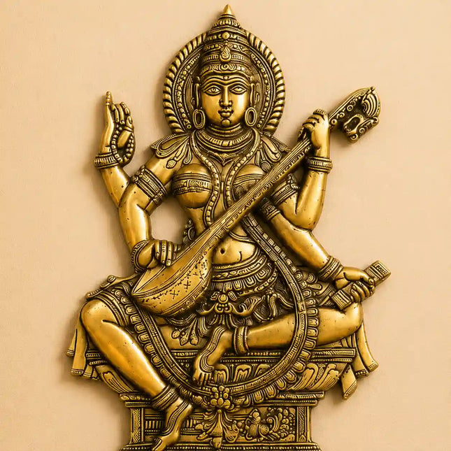 Brass Goddess Saraswati Wall Hanging Idol (14.5 Inch)