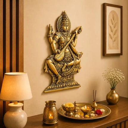 Brass Goddess Saraswati Wall Hanging Idol (14.5 Inch)