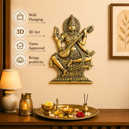 Brass Goddess Saraswati Wall Hanging Idol (14.5 Inch)