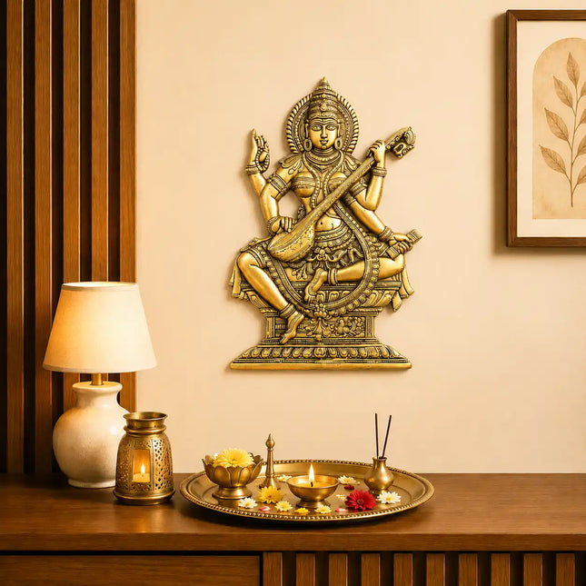 Brass Goddess Saraswati Wall Hanging Idol (14.5 Inch)