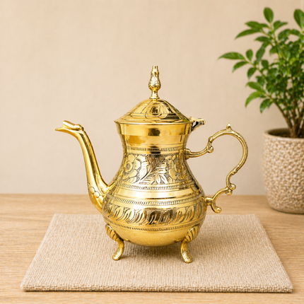 Brass Leaf Design Mughlai Tea Pot with Lid