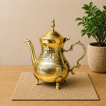 Brass Leaf Design Mughlai Tea Pot with Lid
